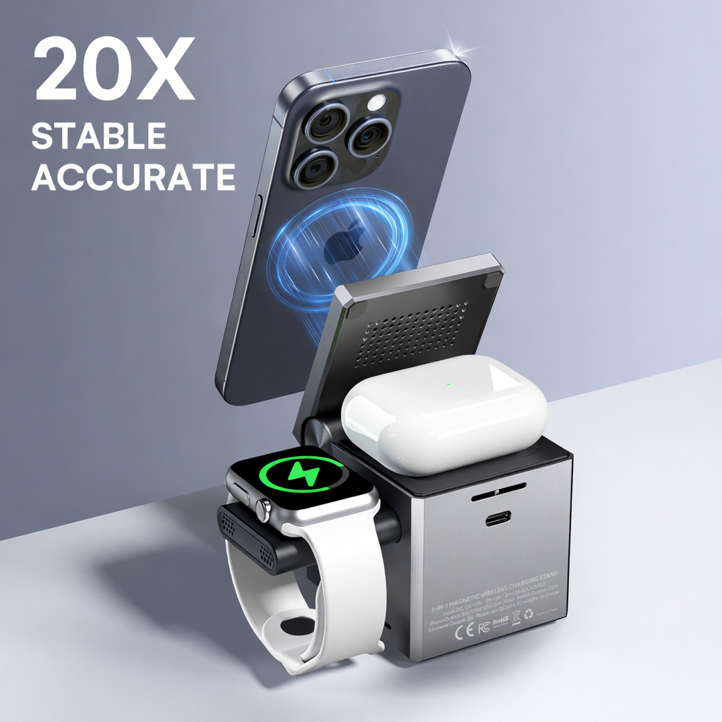 3-in-1 Foldable Magnetic Wireless Charging Station (Fast Charge for Phone, Watch & Earbuds)