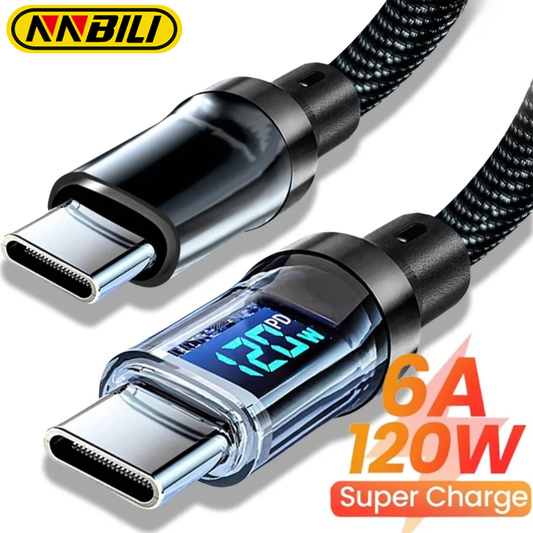 120W 6A USB-C Fast Charging Cable with LED Display (A-C / C-C) – 1M, Braided, Black
